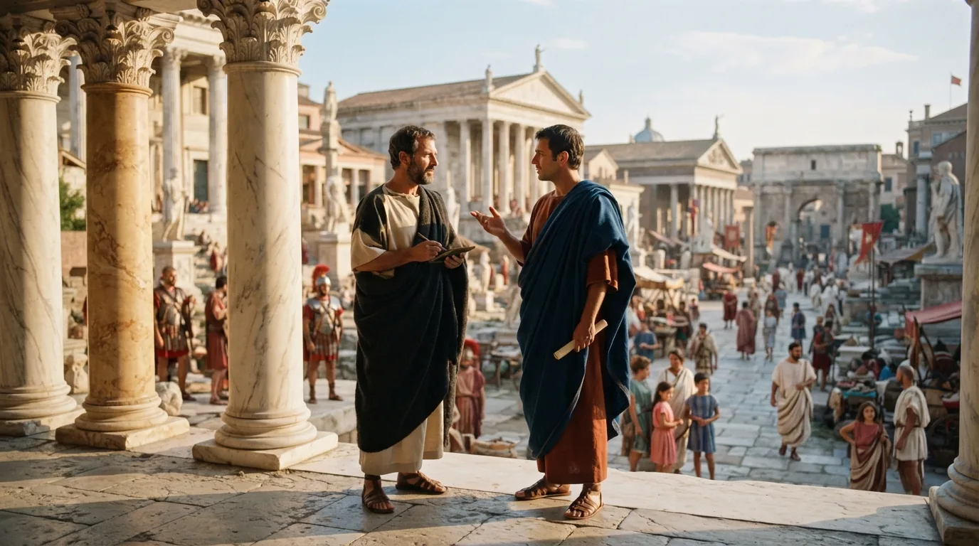 Two Roman citizens speaking above the Forum